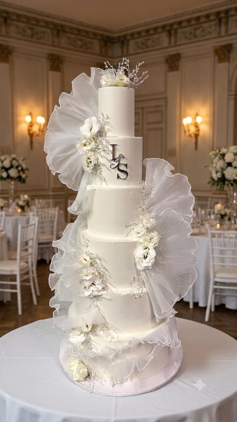 Pièce montée wedding cake 5 étages en salle de réception - Chyraze Pâtisserie